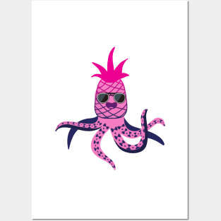 Pink Pineapple Octopus With Glasses and Papillon Posters and Art